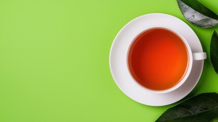 Overhead View of Amber Tea in White Cup on Green Background