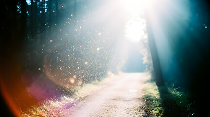 Enchanting Sunlight Pathway A Serene Journey Through a Forest, Captured with Lens Flare and Glimmering Dust Motifs, Evoking Tranquility