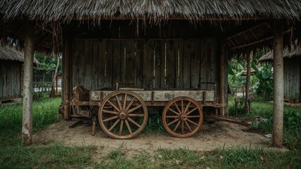 Obraz premium A rustic wooden cart rests inside a straw-roofed barn in a rural area.