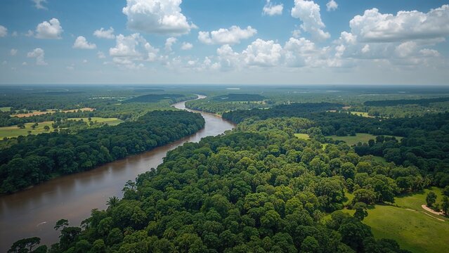 Overhead view of verdant rainforest next to the upper river at the boundary between two neighboring nations.