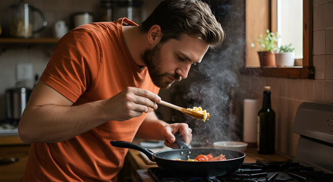 A man intently samples food while cooking a meal in his home kitchen.