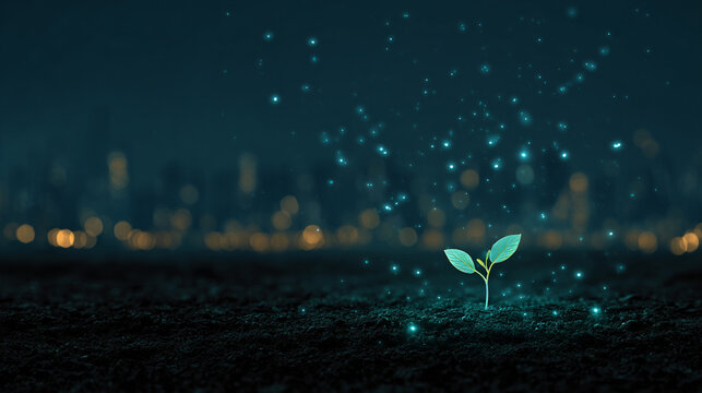 A small plant sprouting from the ground, with city lights in the background, illuminated by a blue light and surrounded by darkness. The plant has two leaves glowing green against the dark night sky.