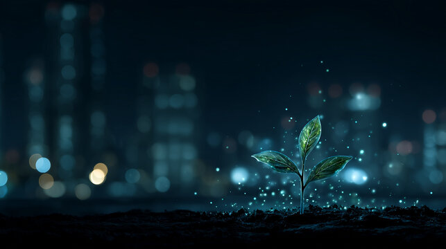 A small plant sprouting from the ground, with city lights in the background, illuminated by a blue light and surrounded by darkness. The plant has two leaves glowing green against the dark night sky.