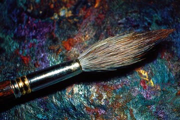 Fototapeta premium Close-up view of a paintbrush on a vibrant textured palette showcasing artistic creativity and color blending techniques