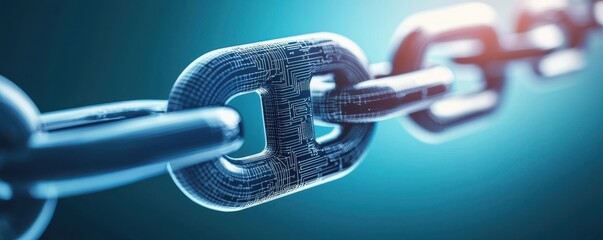 A close-up of a metallic chain link featuring a digital circuit pattern, symbolizing blockchain or digital security connections.