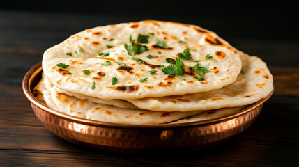 Freshly baked naan bread garnished with herbs in a copper bowl  