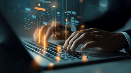 Hands typing on a laptop with glowing digital data streams overlay