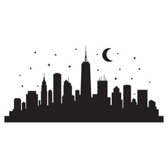 Obraz premium Black and white illustration of a city skyline with moon and stars at night