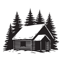 Black and white illustration of a cozy cabin nestled among evergreen trees in a winter scene