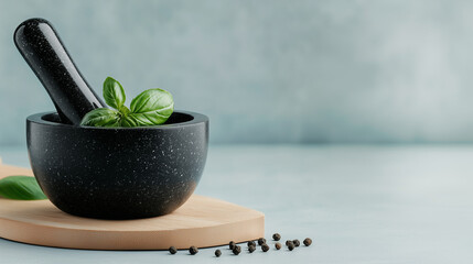 Mortar and pestle with fresh basil leaves on wooden board  