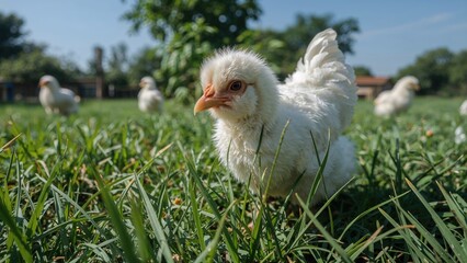 Fototapeta premium A vibrant chicken standing on lush grass in a rural setting under bright sunlight