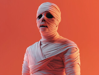 Wrapped mummy bust staring ahead on pale cyan gradient