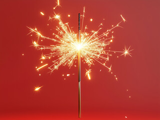 Bright sparkler erupting golden sparks on vivid red background