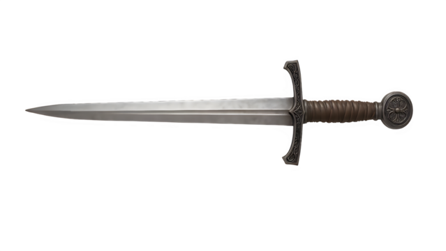 Isolated Medieval Double-Edged Sword with Leather-Wrapped Grip – Transparent PNG