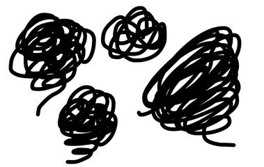 混乱・カオス・もつれを表現した抽象的な黒い線のぐちゃぐちゃイラスト/Chaotic Scribble Lines Abstract Black Doodle Illustration on White Background