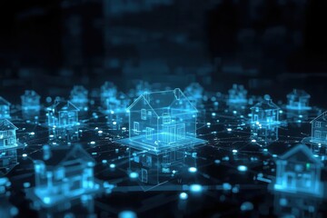 Obraz premium Futuristic Network of Homes: Glowing blue wireframe houses connected by digital web, smart home concept.