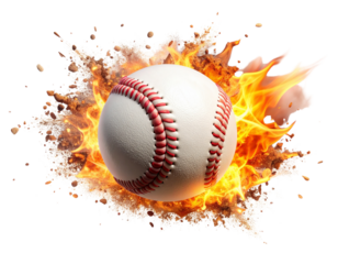 Exploding Baseball with Flames and Debris, Impact Moment, White Background PNG