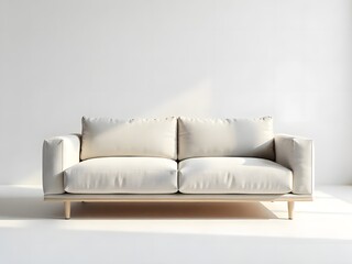 Light beige two-seater sofa with a wooden base, basking in natural light against a white wall.