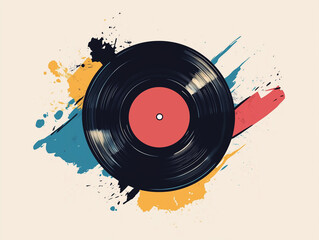Vinyl record with multicolored paint splashes on cream canvas, illustration