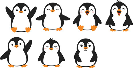 Adorable Cartoon Penguin Collection: Cute and Funny Birds with Various Emotions and Poses for Children's Designs, Animations, and Educational Resources, Vector Illustration Set