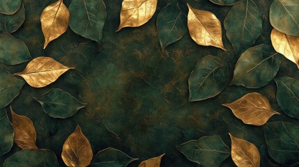Golden leaves on dark green background