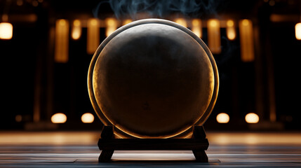 Large gong with smoke in a dark, moody interior setting  