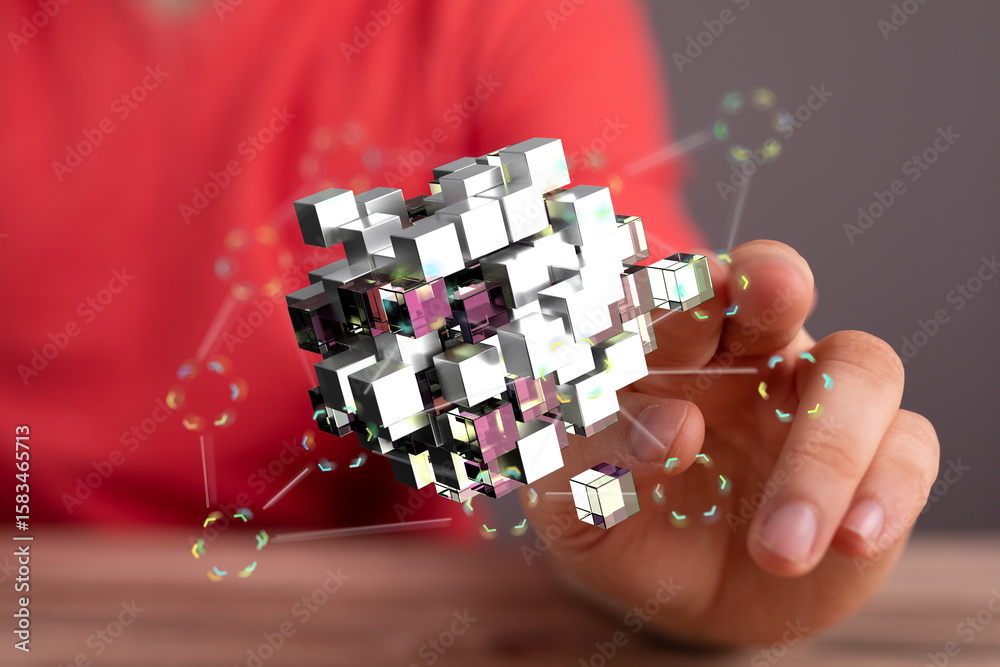 Poster abstract image of interconnected data cubes, representing digital networks and information technolog