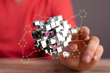 Abstract image of interconnected data cubes, representing digital networks and information technology.