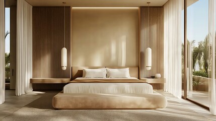 Modern beige bedroom with large windows