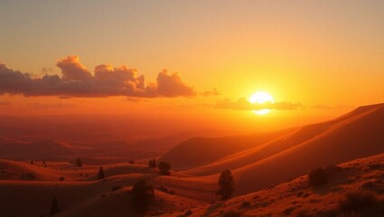 Vibrant Sunset Over Rolling Desert Hills Casting Long Shadows