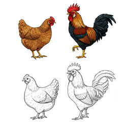 Charming farm animal designs, showcasing a rooster and hen pair, both in color and line art, suitable for print and web projects.