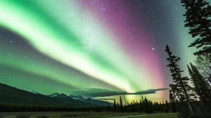 Majestic Aurora Borealis Timelapse Northern Lights Green Purple Night Sky Mountains Forest Stars Celestial Phenomenon Winter Wonderland Cinematic Nature Scenery Breathtaking