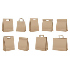 Assorted brown paper bag collection offers versatile designs for branding, retail, and packaging needs, showcasing a range of styles.