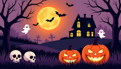 Fototapeta premium Spooky halloween night with haunted house pumpkins ghosts bats and skulls