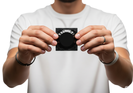 A man wearing a white t-shirt is shown holding a sealed, black square condom packet directly towards the viewer with both hands.