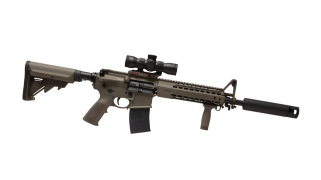 FN SCAR-L Assault Rifle Flat Dark Earth with Scope and Suppressor on Transparent Background