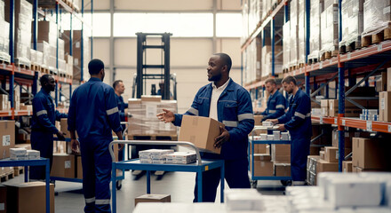 A diverse group of male warehouse workers in blue uniforms and gloves are seen busy in a large, well-lit warehouse with tall shelves filled with boxes.