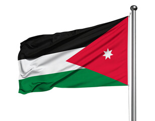  Jordanische Fahne auf Fahnenmast, dynamisch flatternd, seitliche Perspektive, isoliert
