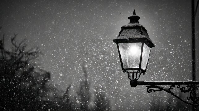Snowy night, old street lamp