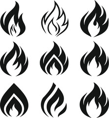 Naklejka premium Collection of Black Fire Flame Icons Set – Vector Silhouette Symbols