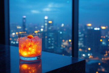 Lychee Soda at Rooftop Bar with Dusk Skyline and Floating Fruit