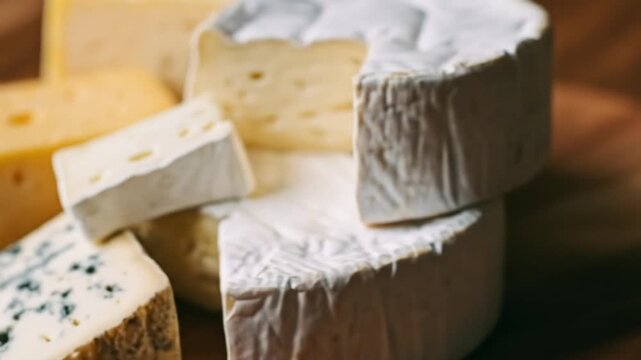 Assorted Cheeses Displayed on Wooden Board
