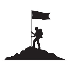 Silhouette of a hiker reaching the summit and planting a flag of victory