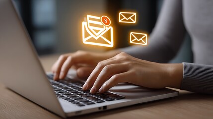 Person typing on laptop with glowing email notifications appearing
