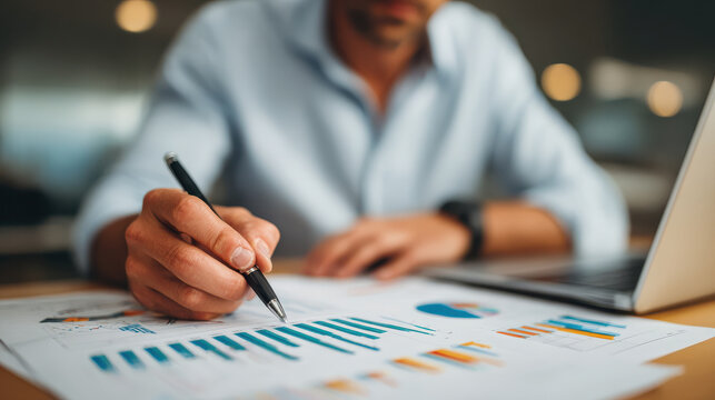 Man analyzing business chart with pen and laptop, focused on financial data review