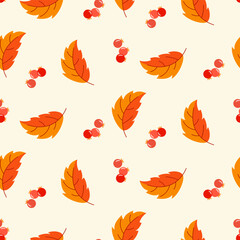 Seamless pattern Autumn doodle leaves and berries on isolated background. Hand drawn background for Autumn harvest holiday, Thanksgiving, Halloween, seasonal, textile, scrap booking.