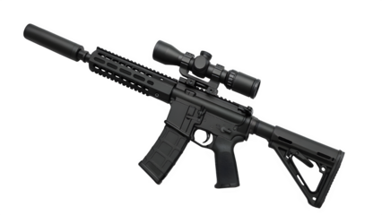 Isolated AR-15 Tactical Rifle with Scope and Suppressor – Transparent PNG