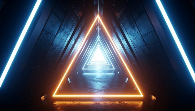 Futuristic triangular tunnel with vibrant neon light