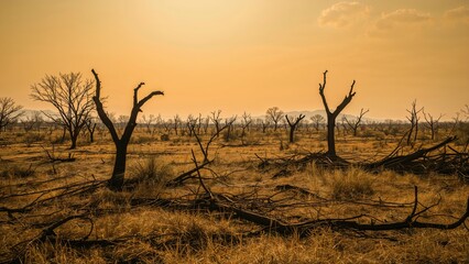 Burned desert landscape with dead trees and dry grass after wildfire affecting arid vegetation in a barren environment under orange sky