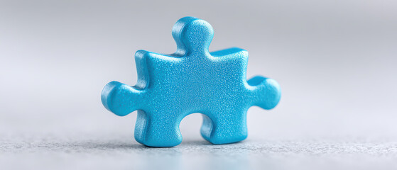 Obraz premium Blue puzzle piece closeup with textured surface standing on light background, symbolizing connection and problem solving